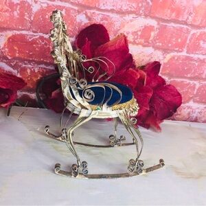 Vintage Tramp Art Tin Can Rocking Chair with Blue Pincushion